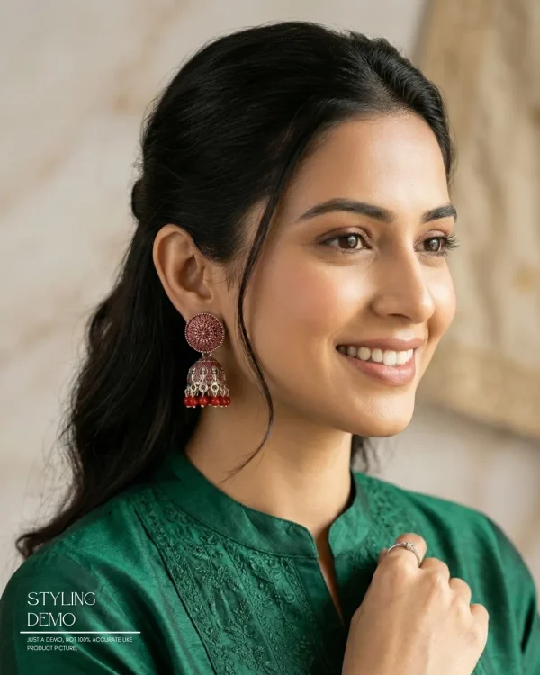 Traditional oxidized-style jhumka earrings with red, yellow and blue stones, perfect for saree, salwar and festive party looks from Passionate Bangladesh. Shop now at www.passionatebangladesh.com