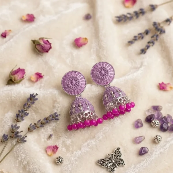 Traditional oxidized-style jhumka earrings with red, yellow and blue stones, perfect for saree, salwar and festive party looks from Passionate Bangladesh. Shop now at www.passionatebangladesh.com