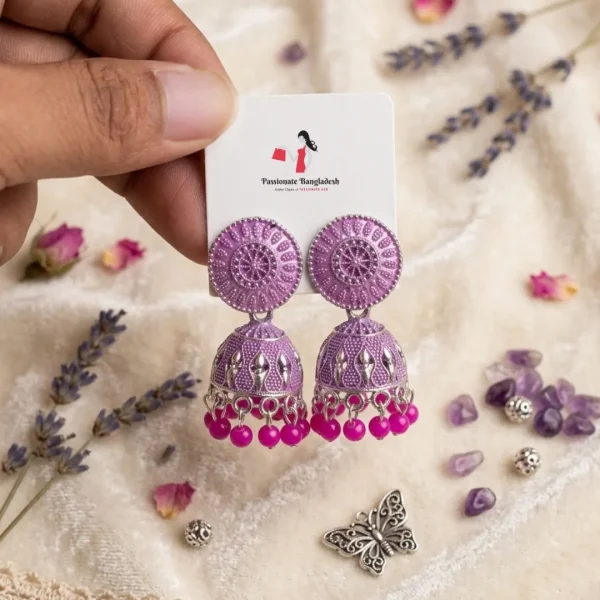 Traditional oxidized-style jhumka earrings with red, yellow and blue stones, perfect for saree, salwar and festive party looks from Passionate Bangladesh. Shop now at www.passionatebangladesh.com