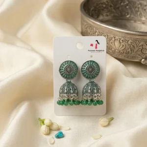 Traditional oxidized-style jhumka earrings with red, yellow and blue stones, perfect for saree, salwar and festive party looks from Passionate Bangladesh. Shop now at www.passionatebangladesh.com
