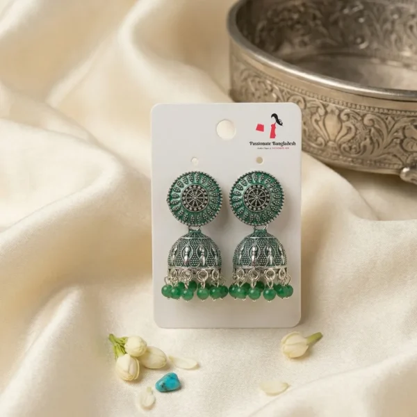 Traditional oxidized-style jhumka earrings with red, yellow and blue stones, perfect for saree, salwar and festive party looks from Passionate Bangladesh. Shop now at www.passionatebangladesh.com