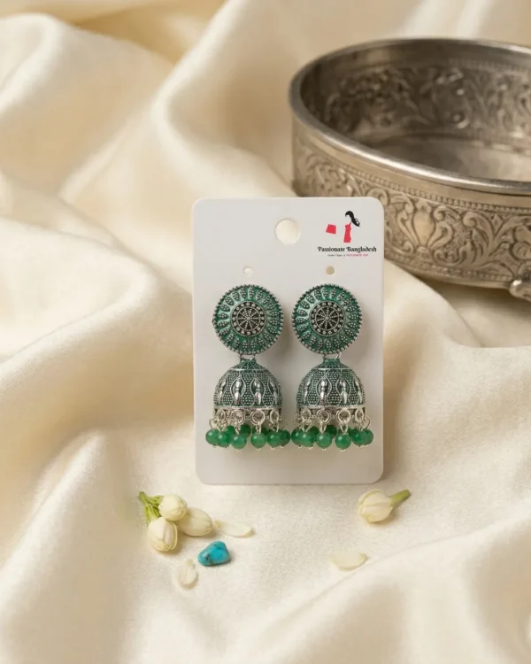 Traditional oxidized-style jhumka earrings with red, yellow and blue stones, perfect for saree, salwar and festive party looks from Passionate Bangladesh. Shop now at www.passionatebangladesh.com