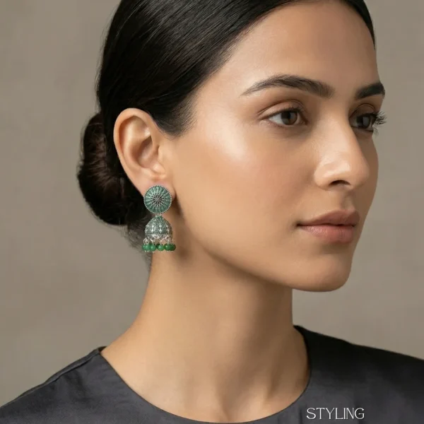 Traditional oxidized-style jhumka earrings with red, yellow and blue stones, perfect for saree, salwar and festive party looks from Passionate Bangladesh. Shop now at www.passionatebangladesh.com