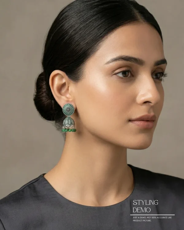 Traditional oxidized-style jhumka earrings with red, yellow and blue stones, perfect for saree, salwar and festive party looks from Passionate Bangladesh. Shop now at www.passionatebangladesh.com