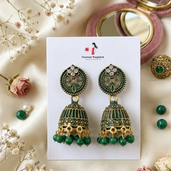 Traditional oxidized-style jhumka earrings with red, yellow and blue stones, perfect for saree, salwar and festive party looks from Passionate Bangladesh. Shop now at www.passionatebangladesh.com