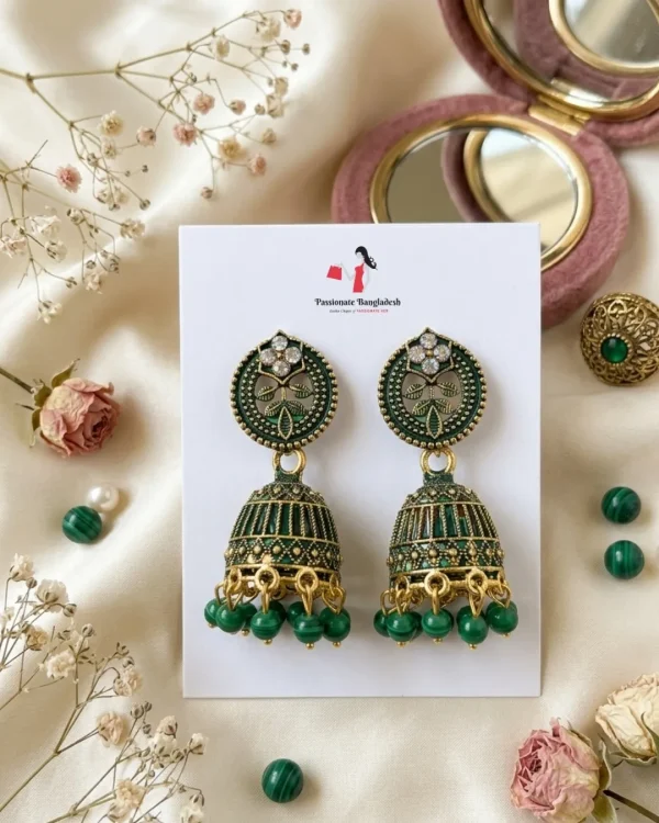 Traditional oxidized-style jhumka earrings with red, yellow and blue stones, perfect for saree, salwar and festive party looks from Passionate Bangladesh. Shop now at www.passionatebangladesh.com