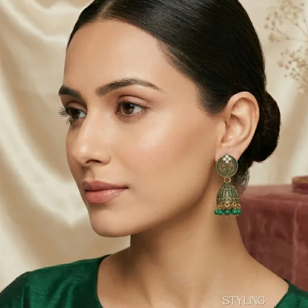 Traditional oxidized-style jhumka earrings with red, yellow and blue stones, perfect for saree, salwar and festive party looks from Passionate Bangladesh. Shop now at www.passionatebangladesh.com