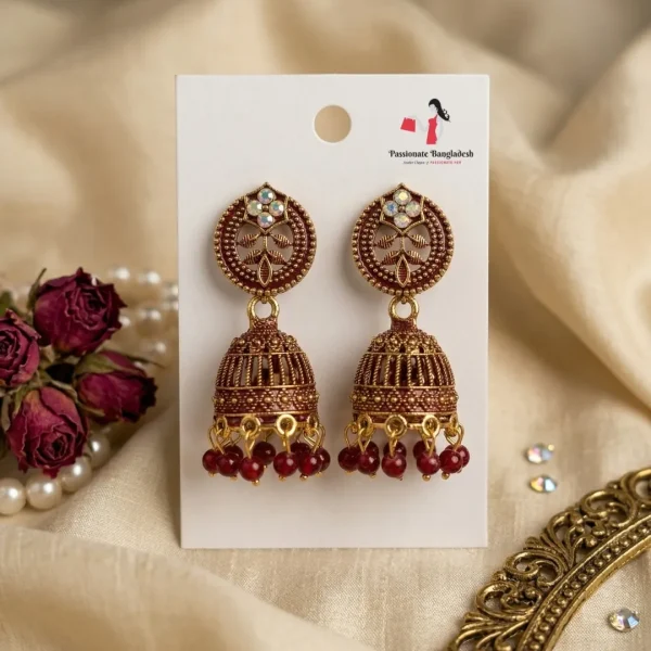 Traditional oxidized-style jhumka earrings with red, yellow and blue stones, perfect for saree, salwar and festive party looks from Passionate Bangladesh. Shop now at www.passionatebangladesh.com