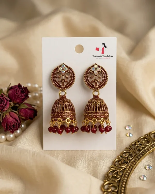 Traditional oxidized-style jhumka earrings with red, yellow and blue stones, perfect for saree, salwar and festive party looks from Passionate Bangladesh. Shop now at www.passionatebangladesh.com