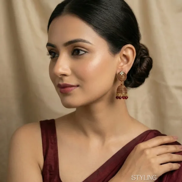 Traditional oxidized-style jhumka earrings with red, yellow and blue stones, perfect for saree, salwar and festive party looks from Passionate Bangladesh. Shop now at www.passionatebangladesh.com