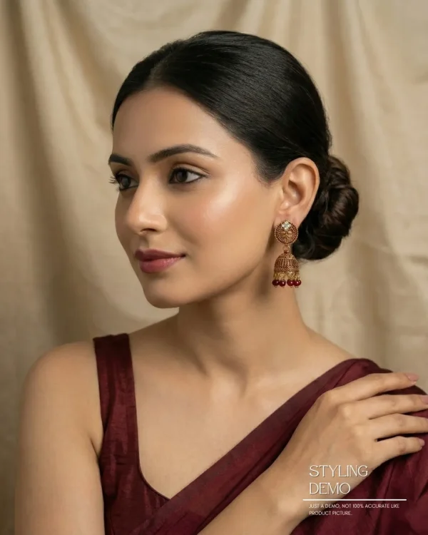 Traditional oxidized-style jhumka earrings with red, yellow and blue stones, perfect for saree, salwar and festive party looks from Passionate Bangladesh. Shop now at www.passionatebangladesh.com