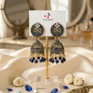 Traditional oxidized-style jhumka earrings with red, yellow and blue stones, perfect for saree, salwar and festive party looks from Passionate Bangladesh. Shop now at www.passionatebangladesh.com