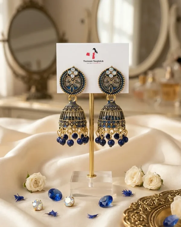 Traditional oxidized-style jhumka earrings with red, yellow and blue stones, perfect for saree, salwar and festive party looks from Passionate Bangladesh. Shop now at www.passionatebangladesh.com