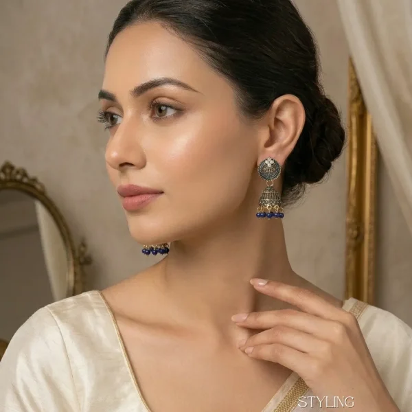 Traditional oxidized-style jhumka earrings with red, yellow and blue stones, perfect for saree, salwar and festive party looks from Passionate Bangladesh. Shop now at www.passionatebangladesh.com