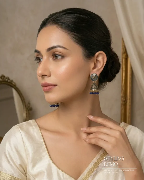 Traditional oxidized-style jhumka earrings with red, yellow and blue stones, perfect for saree, salwar and festive party looks from Passionate Bangladesh. Shop now at www.passionatebangladesh.com