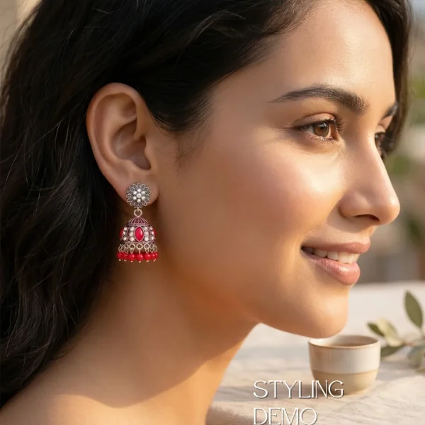 Traditional oxidized-style jhumka earrings with red, yellow and blue stones, perfect for saree, salwar and festive party looks from Passionate Bangladesh. Shop now at www.passionatebangladesh.com