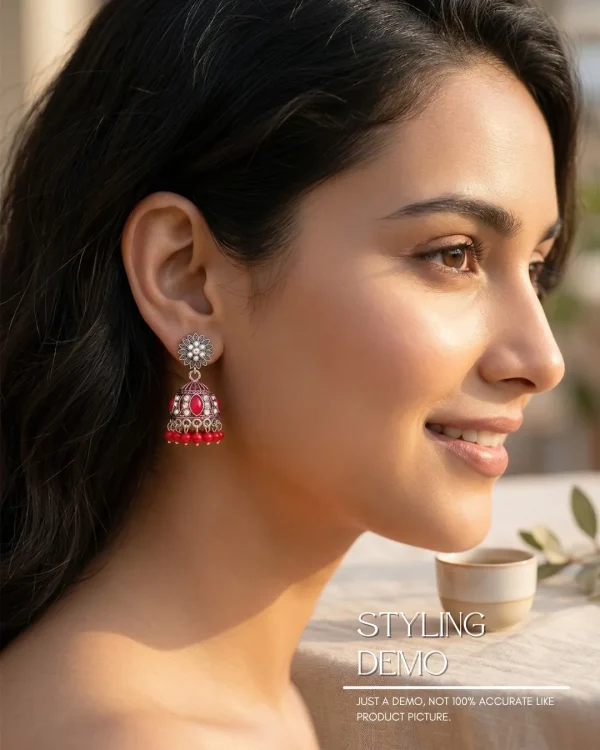 Traditional oxidized-style jhumka earrings with red, yellow and blue stones, perfect for saree, salwar and festive party looks from Passionate Bangladesh. Shop now at www.passionatebangladesh.com