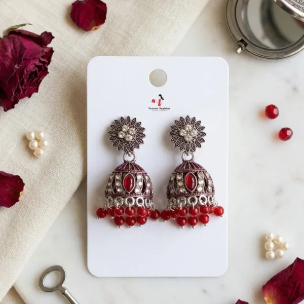 Traditional oxidized-style jhumka earrings with red, yellow and blue stones, perfect for saree, salwar and festive party looks from Passionate Bangladesh. Shop now at www.passionatebangladesh.com