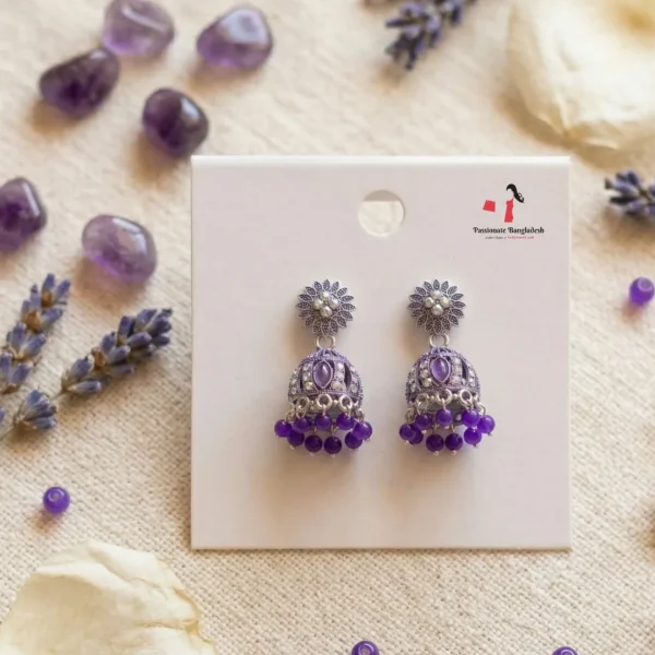 Traditional oxidized-style jhumka earrings with red, yellow and blue stones, perfect for saree, salwar and festive party looks from Passionate Bangladesh. Shop now at www.passionatebangladesh.com