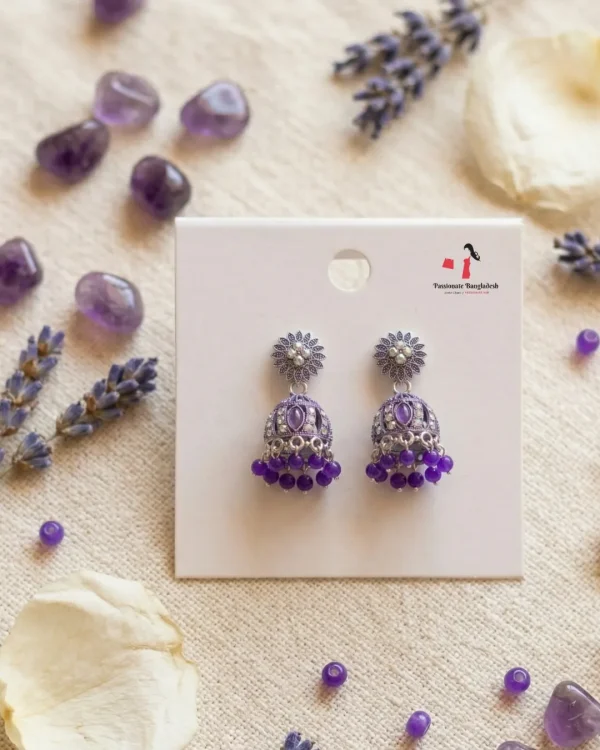 Traditional oxidized-style jhumka earrings with red, yellow and blue stones, perfect for saree, salwar and festive party looks from Passionate Bangladesh. Shop now at www.passionatebangladesh.com