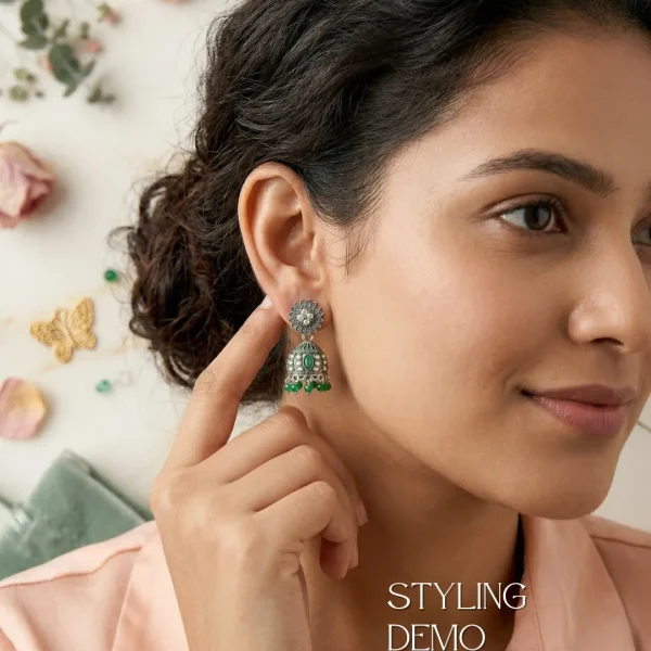 Traditional oxidized-style jhumka earrings with red, yellow and blue stones, perfect for saree, salwar and festive party looks from Passionate Bangladesh. Shop now at www.passionatebangladesh.com