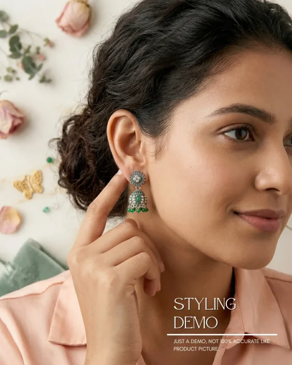 Traditional oxidized-style jhumka earrings with red, yellow and blue stones, perfect for saree, salwar and festive party looks from Passionate Bangladesh. Shop now at www.passionatebangladesh.com