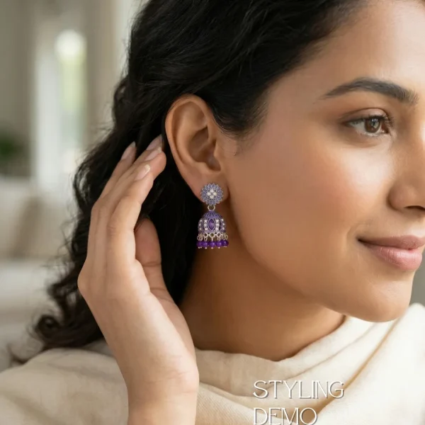 Traditional oxidized-style jhumka earrings with red, yellow and blue stones, perfect for saree, salwar and festive party looks from Passionate Bangladesh. Shop now at www.passionatebangladesh.com