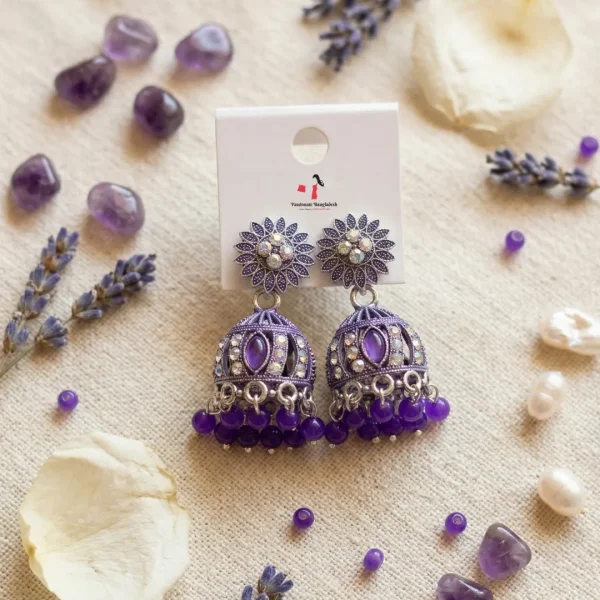 Traditional oxidized-style jhumka earrings with red, yellow and blue stones, perfect for saree, salwar and festive party looks from Passionate Bangladesh. Shop now at www.passionatebangladesh.com