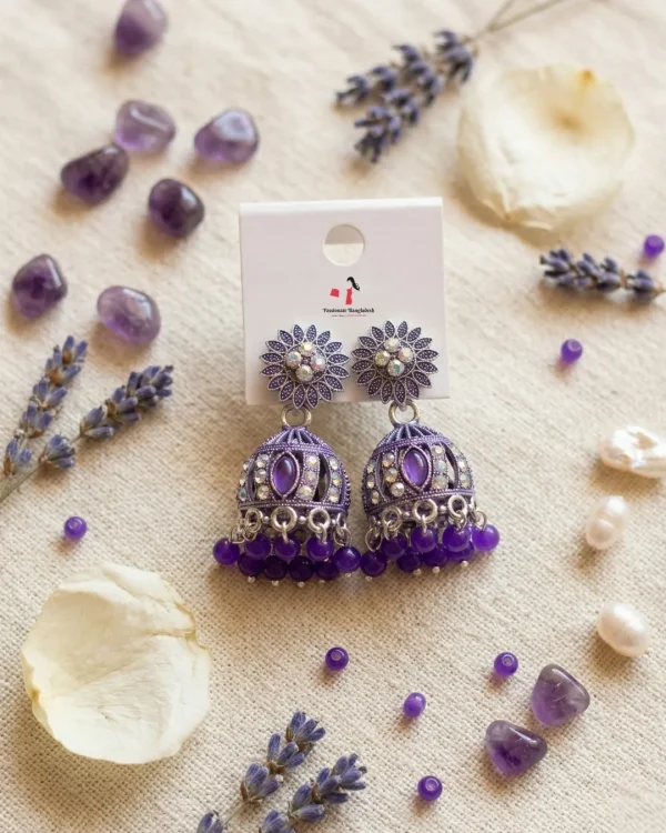 Traditional oxidized-style jhumka earrings with red, yellow and blue stones, perfect for saree, salwar and festive party looks from Passionate Bangladesh. Shop now at www.passionatebangladesh.com