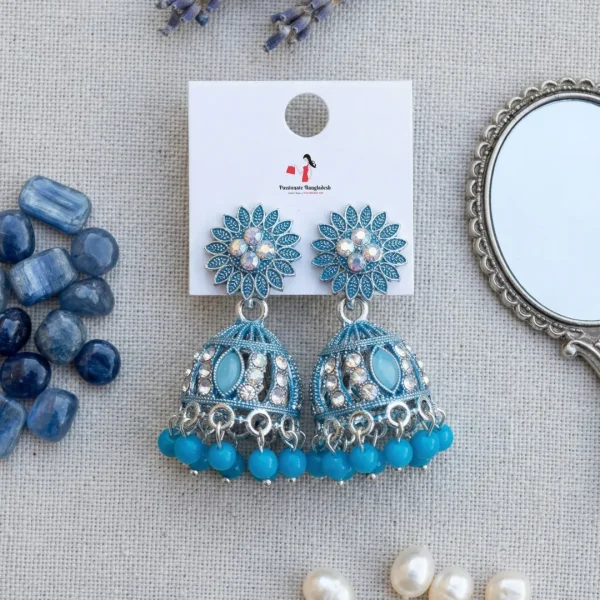 Traditional oxidized-style jhumka earrings with red, yellow and blue stones, perfect for saree, salwar and festive party looks from Passionate Bangladesh. Shop now at www.passionatebangladesh.com