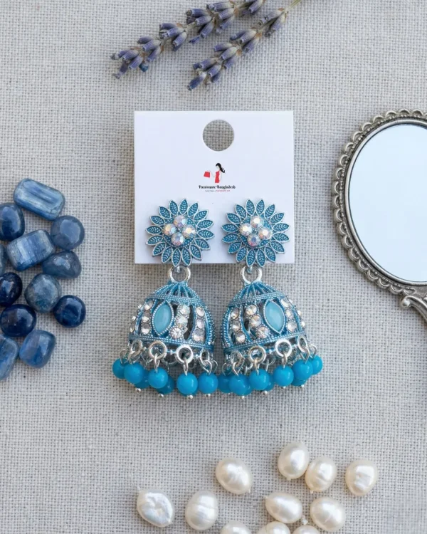Traditional oxidized-style jhumka earrings with red, yellow and blue stones, perfect for saree, salwar and festive party looks from Passionate Bangladesh. Shop now at www.passionatebangladesh.com