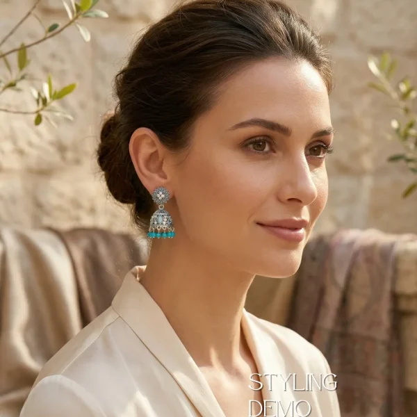 Traditional oxidized-style jhumka earrings with red, yellow and blue stones, perfect for saree, salwar and festive party looks from Passionate Bangladesh. Shop now at www.passionatebangladesh.com