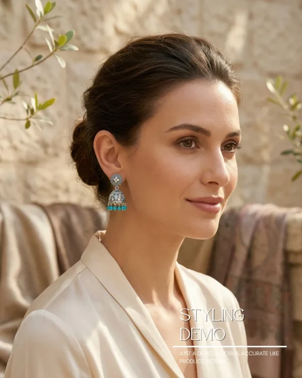 Traditional oxidized-style jhumka earrings with red, yellow and blue stones, perfect for saree, salwar and festive party looks from Passionate Bangladesh. Shop now at www.passionatebangladesh.com