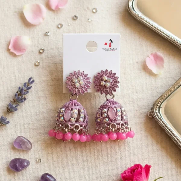 Traditional oxidized-style jhumka earrings with red, yellow and blue stones, perfect for saree, salwar and festive party looks from Passionate Bangladesh. Shop now at www.passionatebangladesh.com