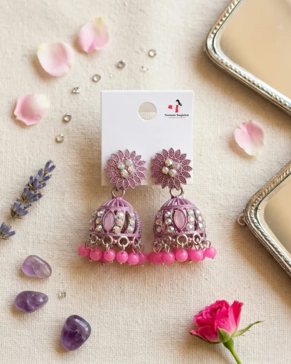 Traditional oxidized-style jhumka earrings with red, yellow and blue stones, perfect for saree, salwar and festive party looks from Passionate Bangladesh. Shop now at www.passionatebangladesh.com