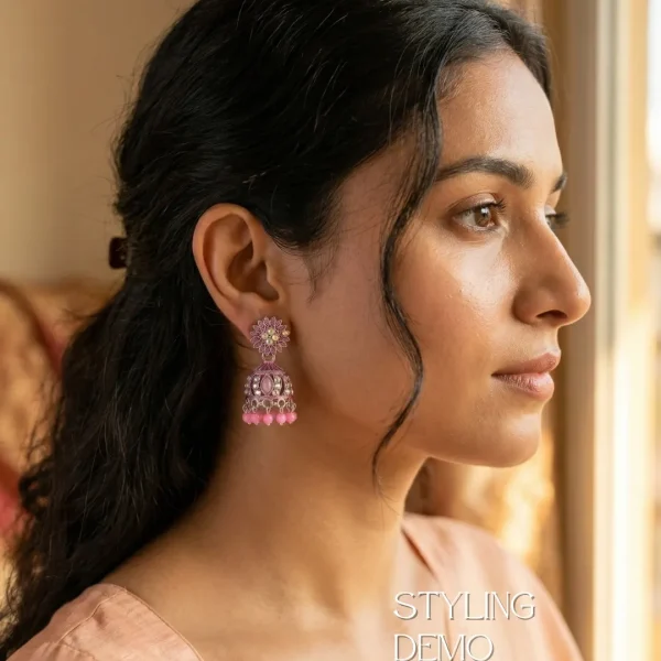 Traditional oxidized-style jhumka earrings with red, yellow and blue stones, perfect for saree, salwar and festive party looks from Passionate Bangladesh. Shop now at www.passionatebangladesh.com