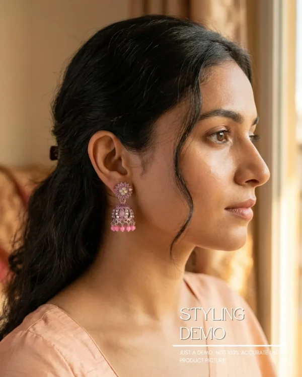 Traditional oxidized-style jhumka earrings with red, yellow and blue stones, perfect for saree, salwar and festive party looks from Passionate Bangladesh. Shop now at www.passionatebangladesh.com