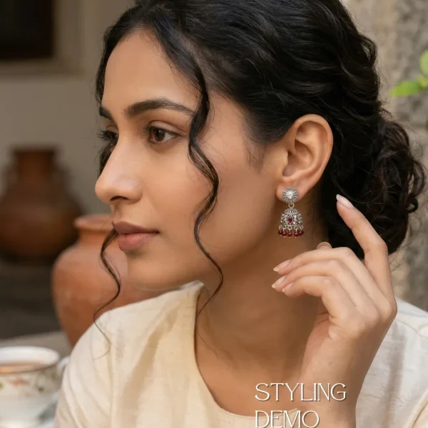 Traditional oxidized-style jhumka earrings with red, yellow and blue stones, perfect for saree, salwar and festive party looks from Passionate Bangladesh. Shop now at www.passionatebangladesh.com