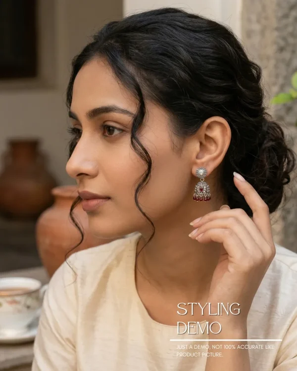 Traditional oxidized-style jhumka earrings with red, yellow and blue stones, perfect for saree, salwar and festive party looks from Passionate Bangladesh. Shop now at www.passionatebangladesh.com