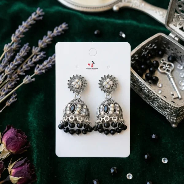 Traditional oxidized-style jhumka earrings with red, yellow and blue stones, perfect for saree, salwar and festive party looks from Passionate Bangladesh. Shop now at www.passionatebangladesh.com