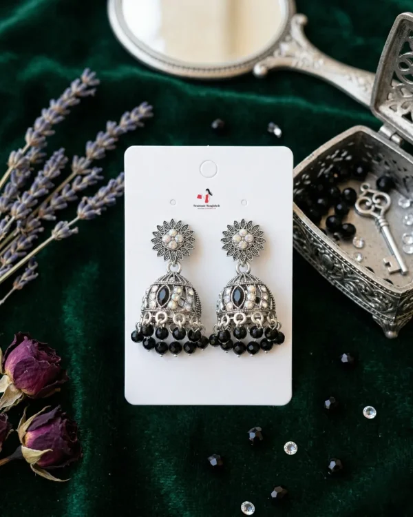 Traditional oxidized-style jhumka earrings with red, yellow and blue stones, perfect for saree, salwar and festive party looks from Passionate Bangladesh. Shop now at www.passionatebangladesh.com