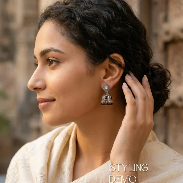 Traditional oxidized-style jhumka earrings with red, yellow and blue stones, perfect for saree, salwar and festive party looks from Passionate Bangladesh. Shop now at www.passionatebangladesh.com