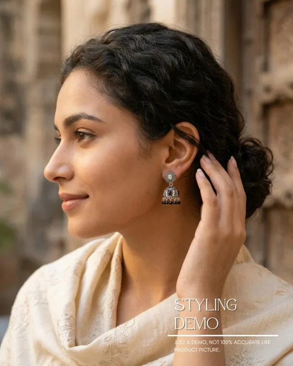 Traditional oxidized-style jhumka earrings with red, yellow and blue stones, perfect for saree, salwar and festive party looks from Passionate Bangladesh. Shop now at www.passionatebangladesh.com