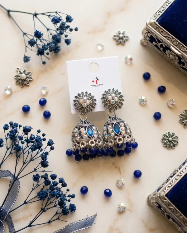 Traditional oxidized-style jhumka earrings with red, yellow and blue stones, perfect for saree, salwar and festive party looks from Passionate Bangladesh. Shop now at www.passionatebangladesh.com