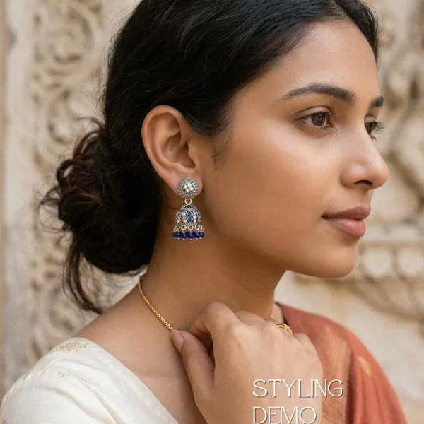 Traditional oxidized-style jhumka earrings with red, yellow and blue stones, perfect for saree, salwar and festive party looks from Passionate Bangladesh. Shop now at www.passionatebangladesh.com