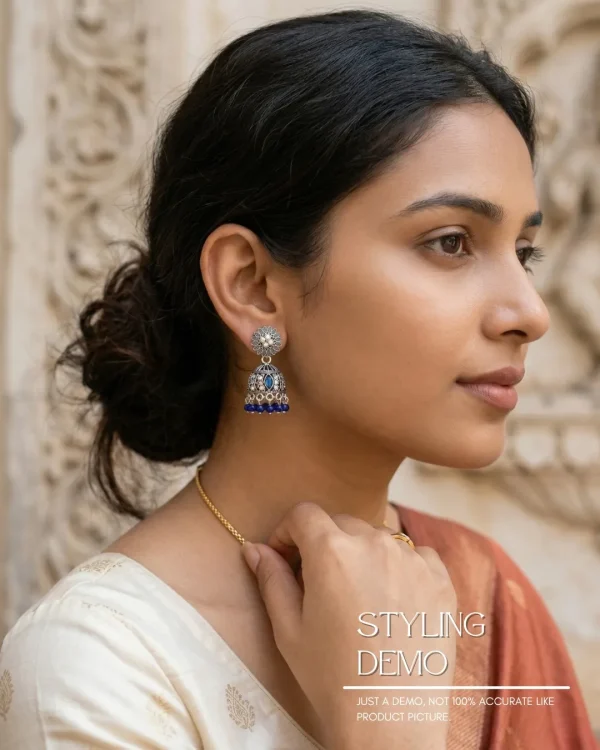 Traditional oxidized-style jhumka earrings with red, yellow and blue stones, perfect for saree, salwar and festive party looks from Passionate Bangladesh. Shop now at www.passionatebangladesh.com