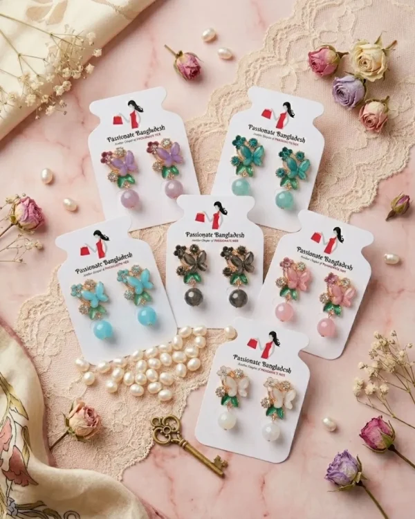 Elegant drop earrings from Passionate Bangladesh, lightweight dangle design for women and girls, perfect for parties and special occasions. Try our different designs like butterfly earrings, long chain earrings, heart shape earrings and stone earrings.