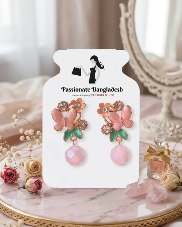 Elegant drop earrings from Passionate Bangladesh, lightweight dangle design for women and girls, perfect for parties and special occasions. Try our different designs like butterfly earrings, long chain earrings, heart shape earrings and stone earrings.