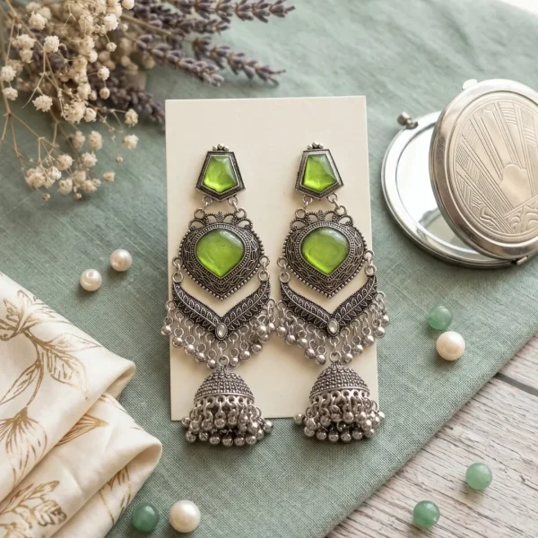 Traditional oxidized-style jhumka earrings with red, yellow and blue stones, perfect for saree, salwar and festive party looks from Passionate Bangladesh. Shop now at https://passionatebangladesh.com/product-category/earring/indian-earring/
