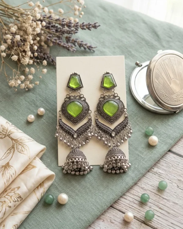 Traditional oxidized-style jhumka earrings with red, yellow and blue stones, perfect for saree, salwar and festive party looks from Passionate Bangladesh. Shop now at https://passionatebangladesh.com/product-category/earring/indian-earring/